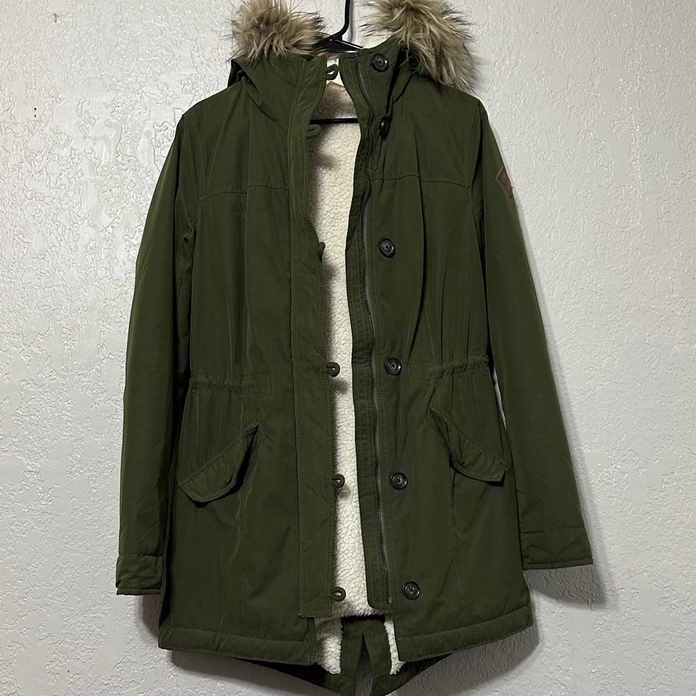 Hollister Dark Green Utility Jacket with Faux Fur Hood